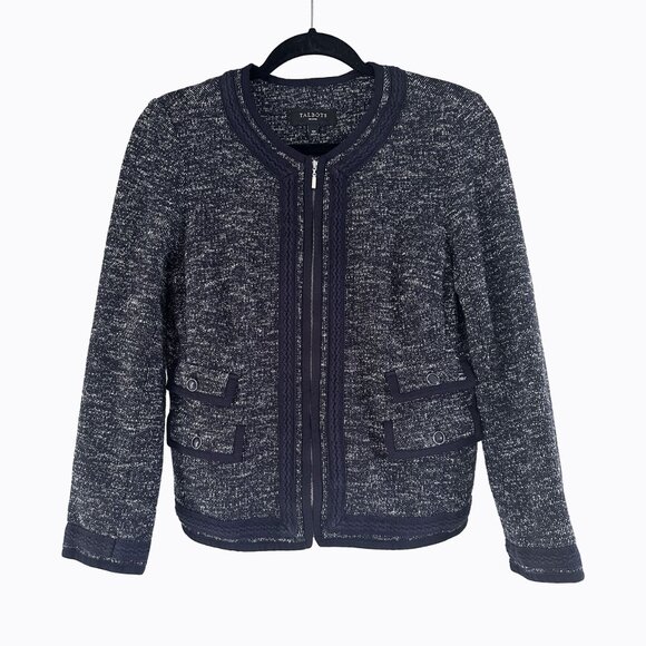 Talbots Tweed Knit Blazer Jacket Cardigan Sz S Braided Trim Full Zip Navy Preppy - Picture 8 of 8